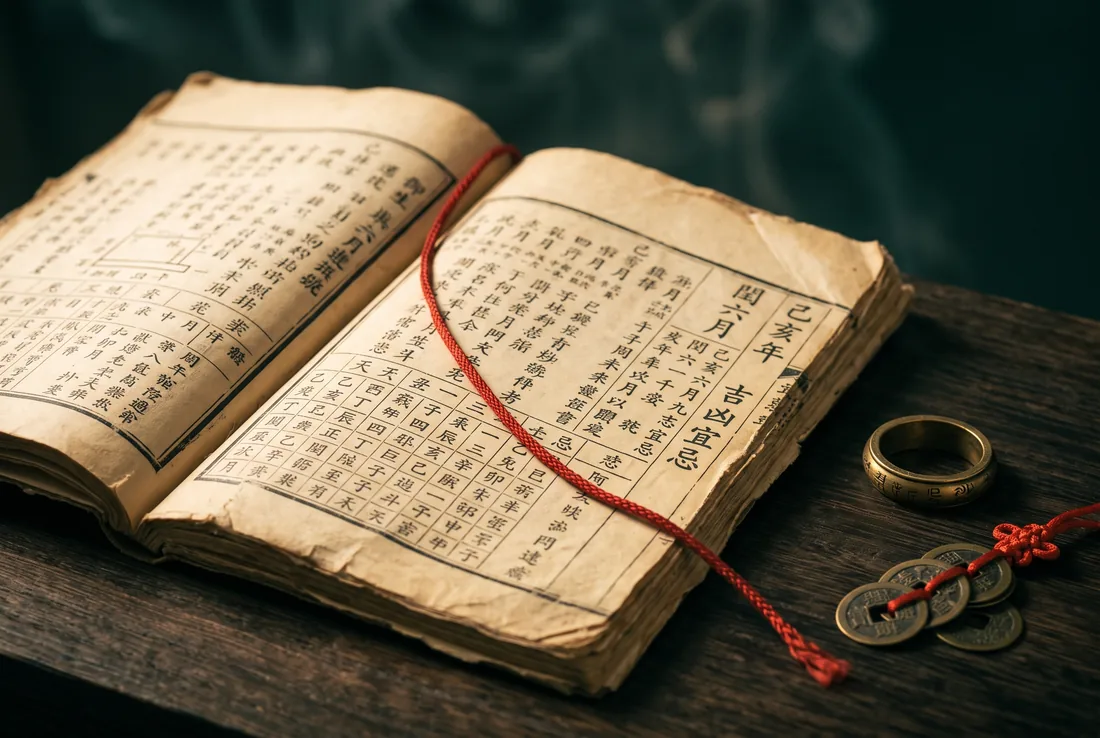An open Chinese almanac with columns of stem-and-branch tables, a red cord bookmark and old coins.