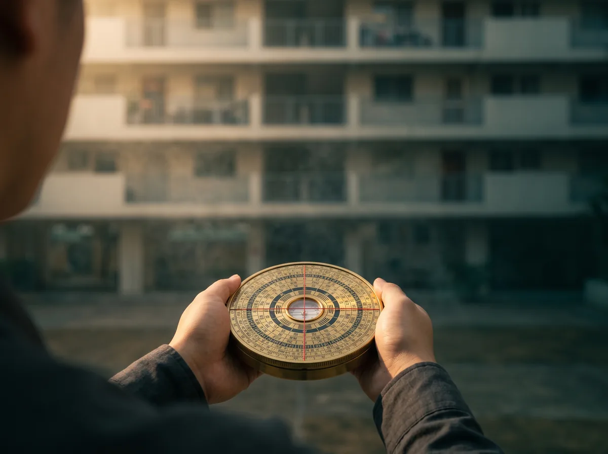 Hands holding a brass luopan level at chest height, standing back from an apartment block.