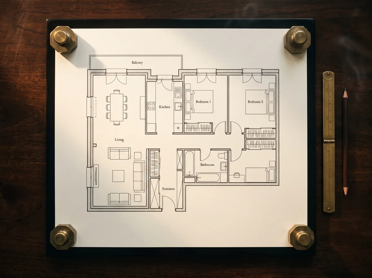 An apartment floorplan lying flat on a dark table, weighted at the corners, photographed square-on from directly above.