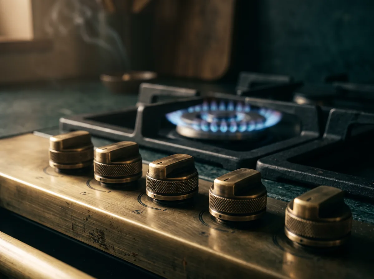 A gas hob in a dim kitchen, control knobs prominent in the foreground and a low blue flame behind.