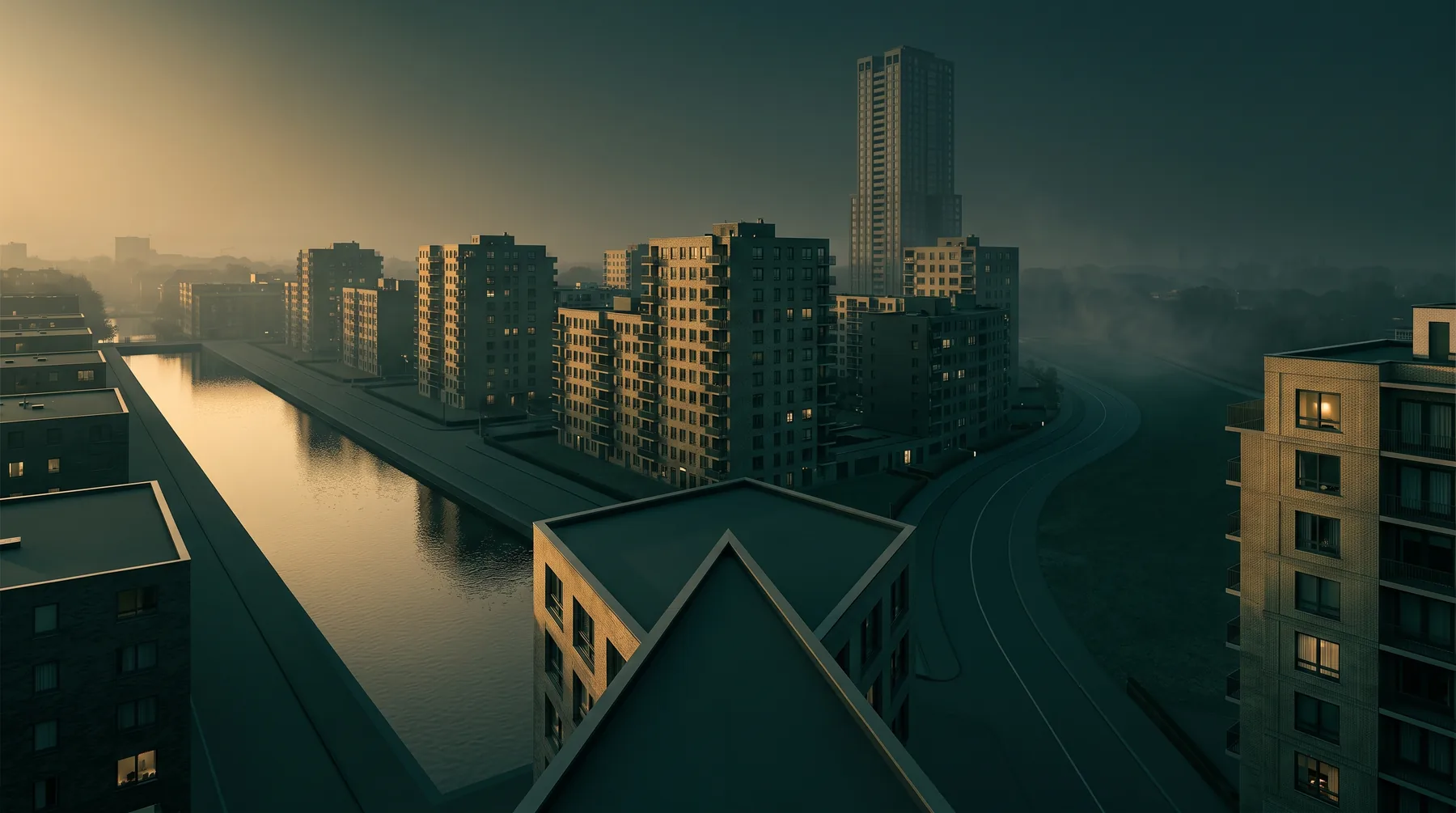 Elevated dusk view over apartment blocks with a curving road, a canal, a taller tower behind and a sharp building corner.